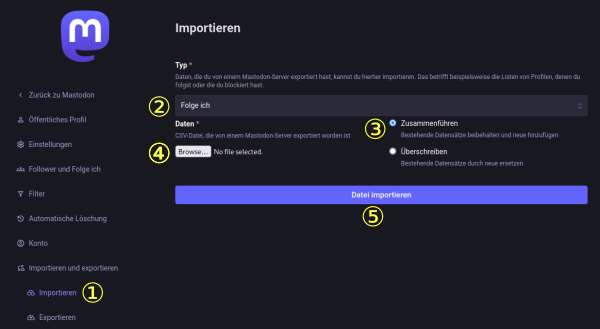 Ein Screenshot der Mastodon-Einstellungsseite; mit eingekreisten Ziffern zur Assoziation der Bildposition mit der obigen Aufzählung